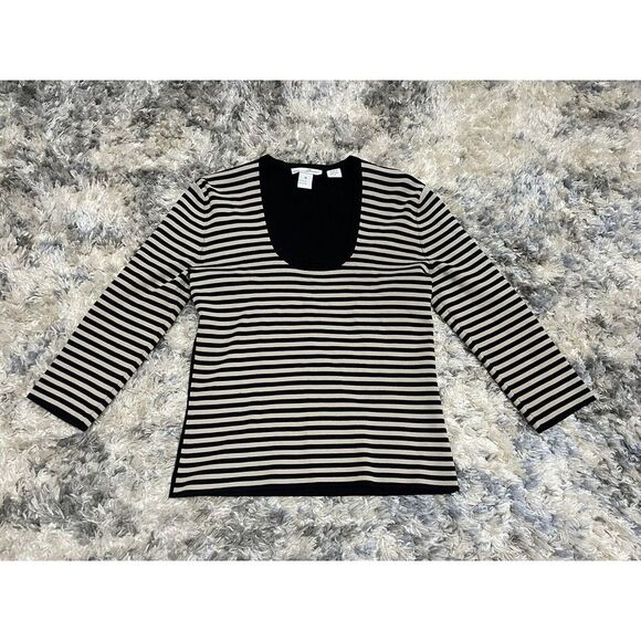 Tops - Barami Black Tan Striped Blouse Top Sz M